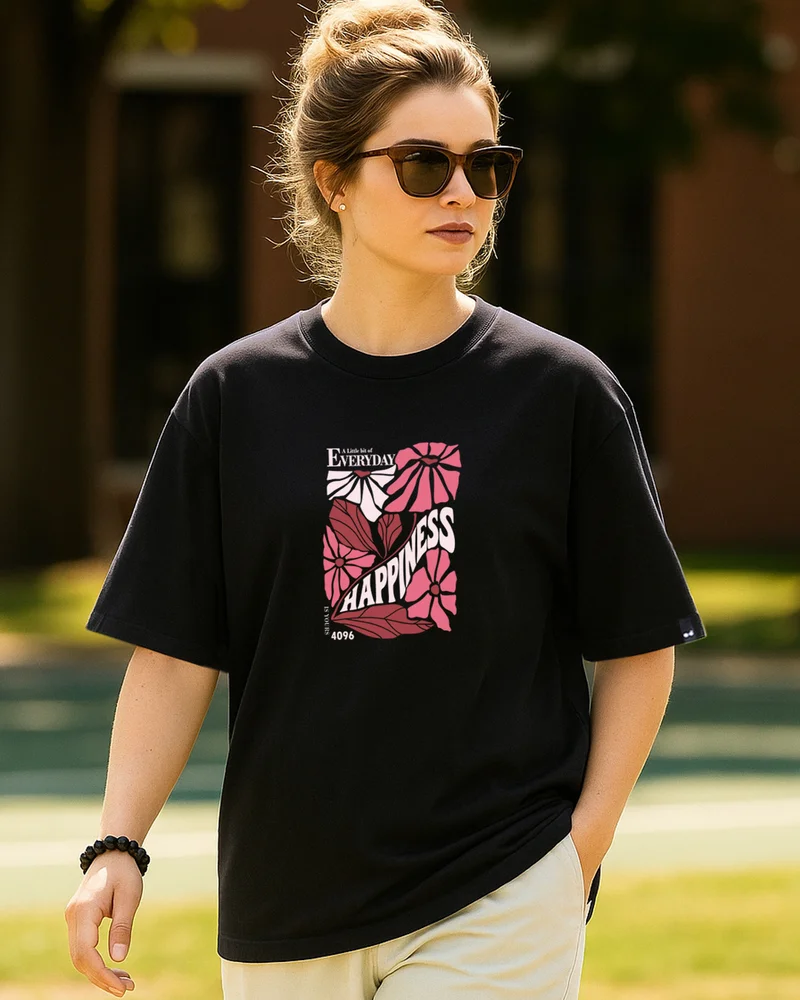 bewakoof Women's Black Happiness Graphic Printed Oversized T-shirt